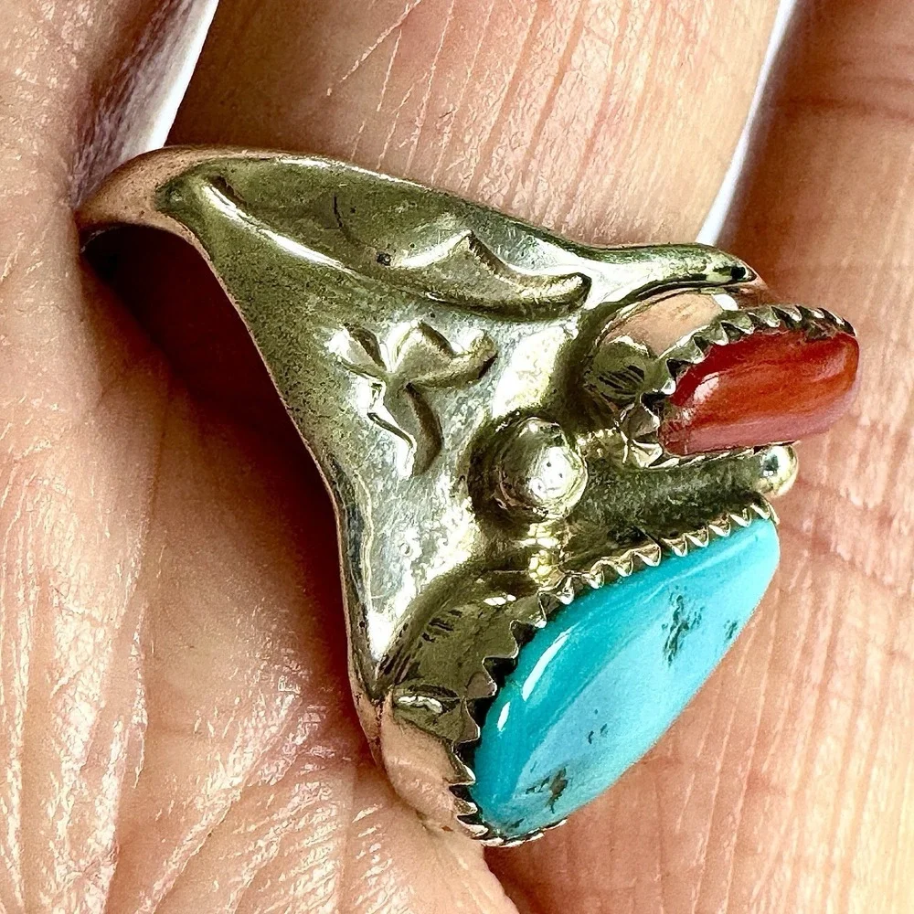 Mens Turquoise Navajo‎ Band Sz 10.5 Coral Two Stone Ring 21mm Signed ML Native